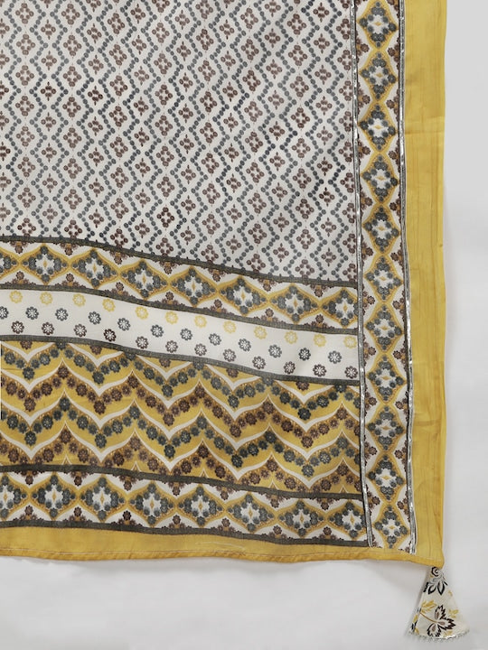 Yufta Women Printed Angrakha Gotta Patti Pure Cotton Kurta with Trousers & With Dupatta