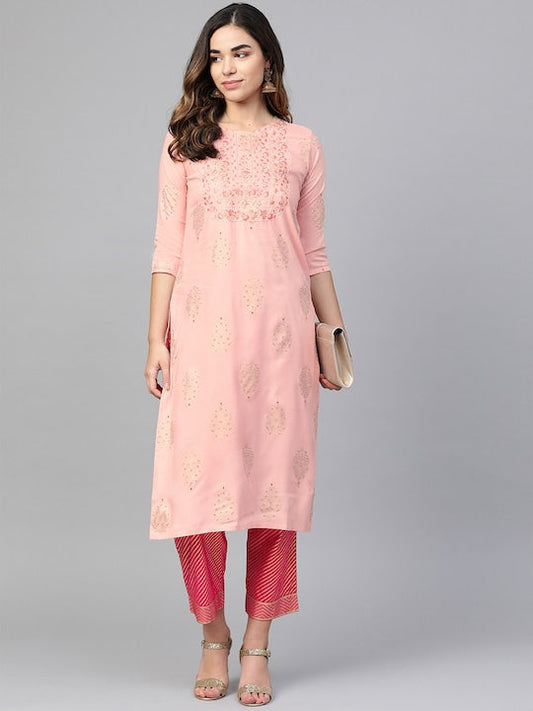 Anubhutee Women Peach Coloured & Pink Printed Kurta with Trousers