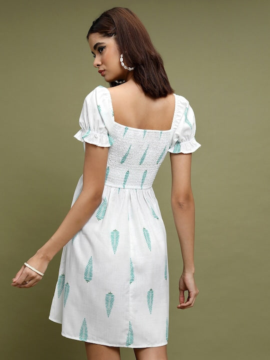 Vishudh White Conversational Printed Puff Sleeve Fit & Flare Dress