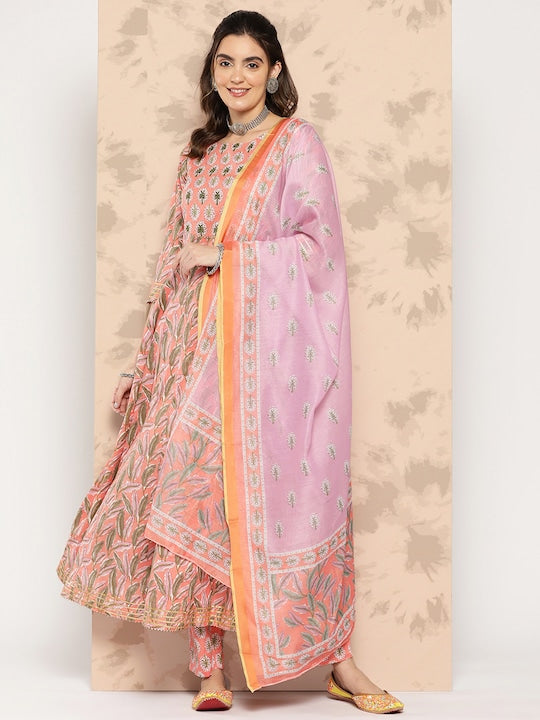 Yufta Ethnic Motifs Printed Regular Pure Cotton Kurta With Palazzos & Dupatta