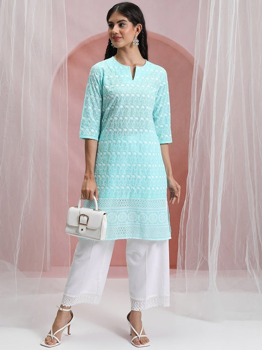 Vishudh Blue & White Floral Embroidered Round Notched Neck Straight Kurta