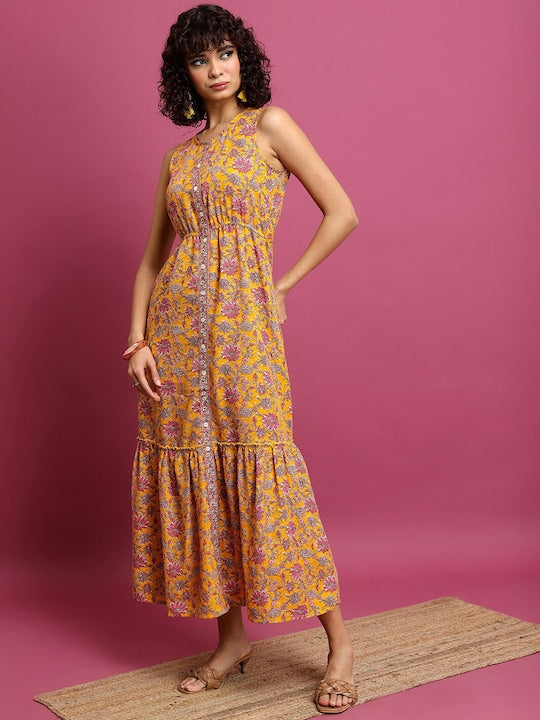 Vishudh Orange Floral Printed Gathered Maxi Dress