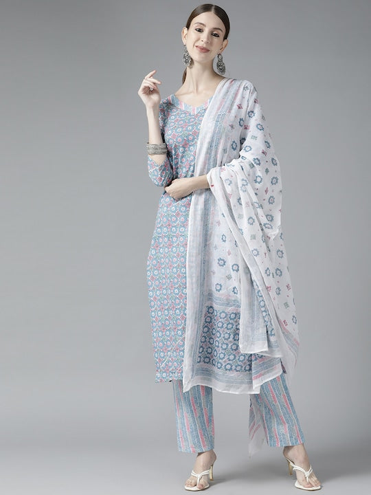 Yufta Women Blue Ethnic Motifs Printed Gotta Patti Pure Cotton Kurta with Trousers & With Dupatta