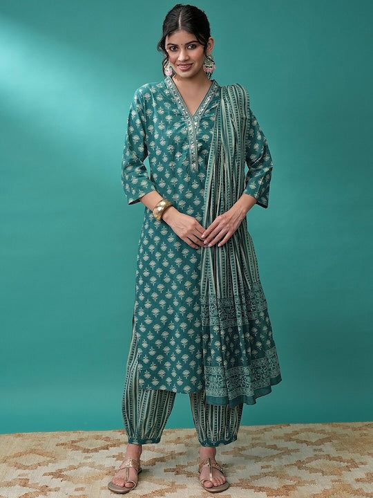 Vishudh Ethnic Motifs Printed Regular Mirror Work Kurta with Salwar & With Dupatta