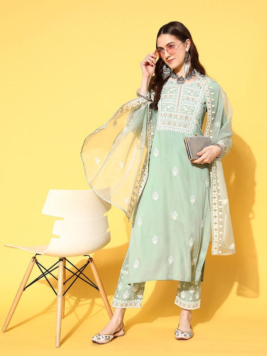 Varanga Women Ethnic Motifs Embroidered Thread Work Kurta with Trousers & With Dupatta