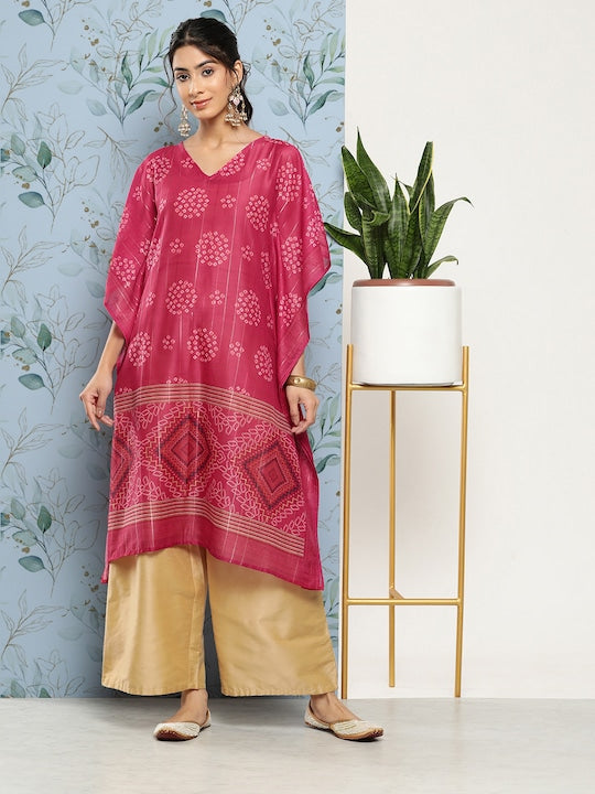 Yufta Women Bandhani Printed Flared Sleeves Kaftan Kurta