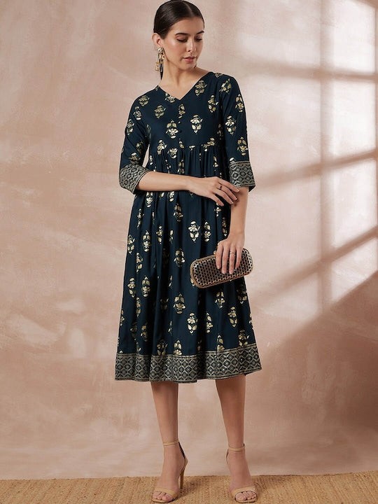 All about you Green Ethnic Motifs Printed A-Line Midi Dress
