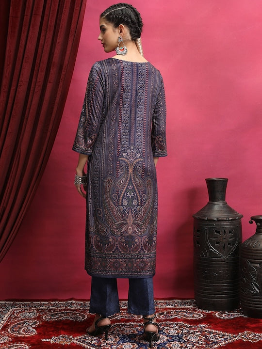 Vishudh Purple Ethnic Motifs Printed Keyhole Neck Kurta