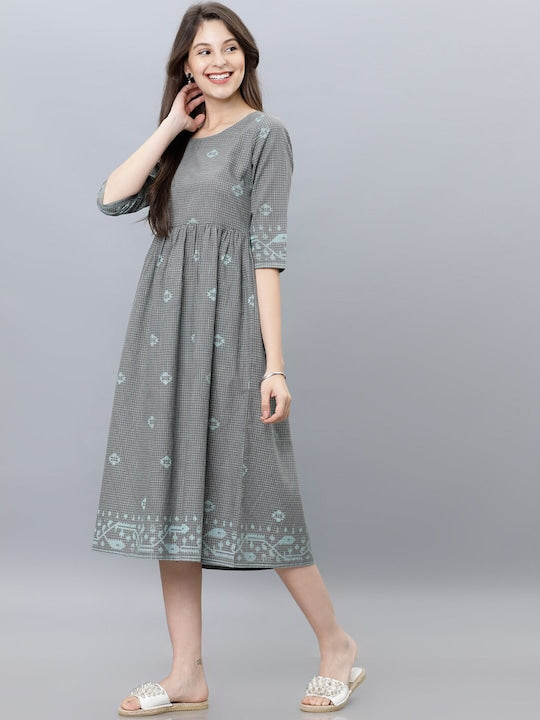 Vishudh Women Grey Printed A-Line Ethnic Dress