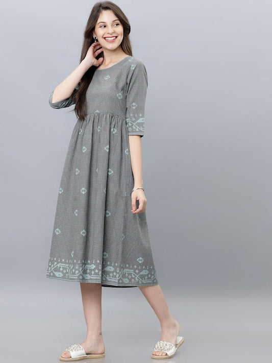 Vishudh Women Grey Printed A-Line Ethnic Dress