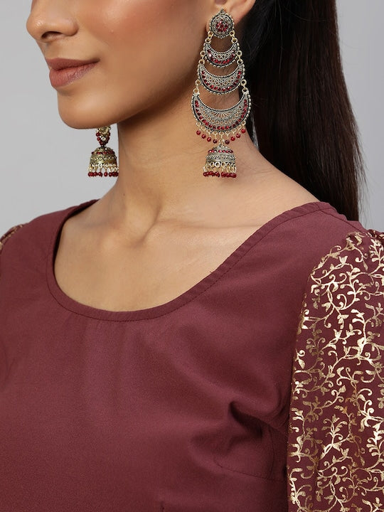 AKS Couture Burgundy & Gold-Toned Printed Ready to Wear Lehenga & Blouse With Dupatta