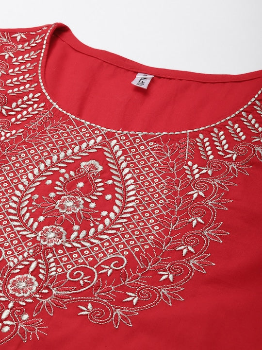 Yufta Women Red Ethnic Motifs Yoke Design Sequinned Cotton Kurta with Trousers & Dupatta