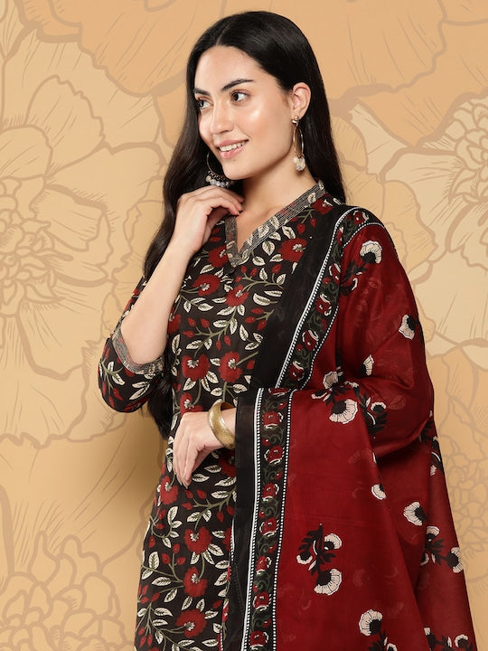 Yufta Women Floral Printed Regular Pure Cotton Kurta with Palazzos & With Dupatta