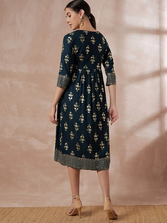 All about you Green Ethnic Motifs Printed A-Line Midi Dress