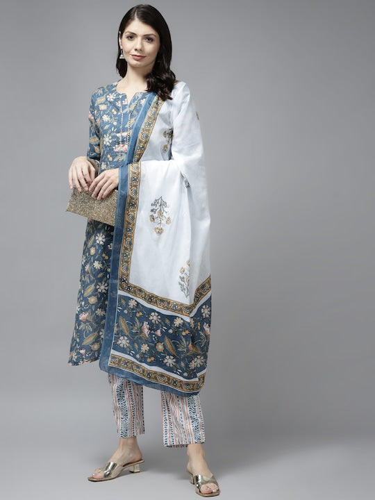 Yufta Women Navy Blue Ethnic Motifs Printed Gotta Patti Pure Cotton Kurta with Trousers & With Dupatta