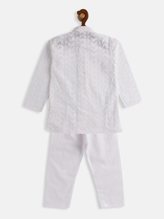 Vastramay Sishu Boys White Embroidered Pure Cotton Kurta with Solid Pyjamas