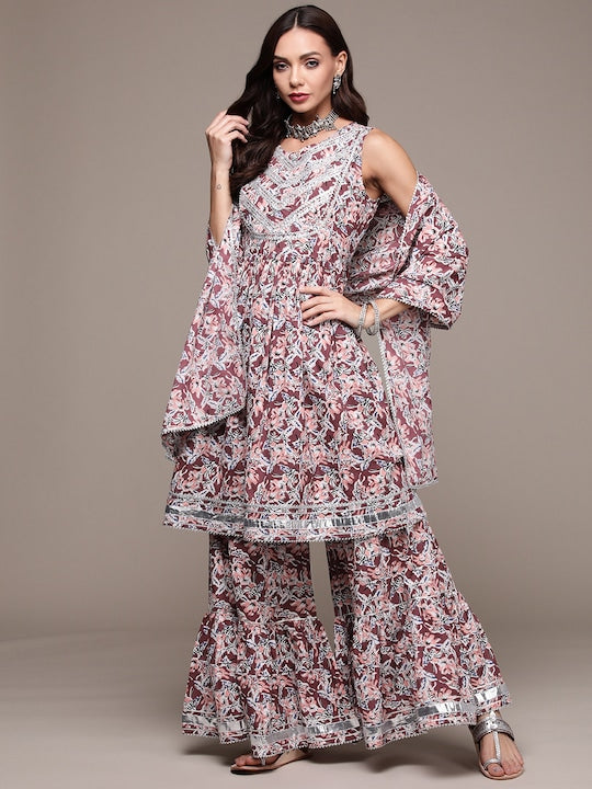 Anubhutee Women Mauve Floral Printed Pure Cotton Kurta with Sharara & With Dupatta