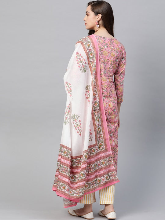Yufta Women Pink & Yellow Handblock Printed Pure Cotton Kurta with Trousers & Dupatta