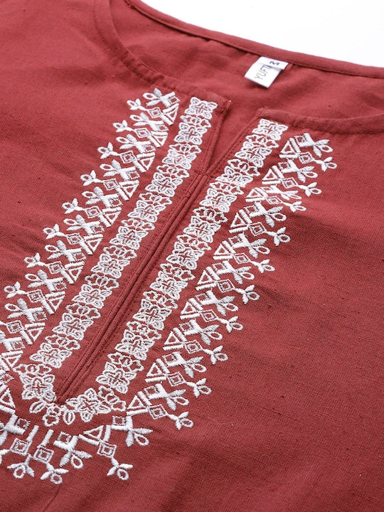 Yufta Women Maroon & Off-White Yoke Design Pure Cotton Kurta with Palazzos & With Dupatta