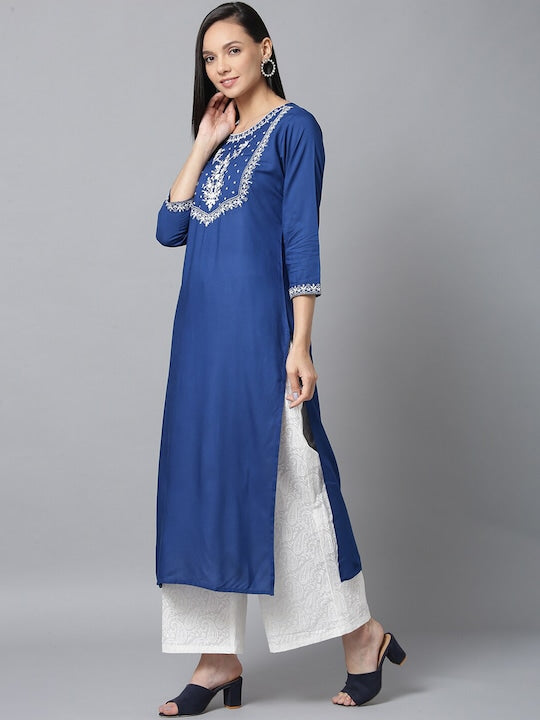 Yufta Women Blue & White Yoke Design Kurta with Palazzos & Dupatta - M