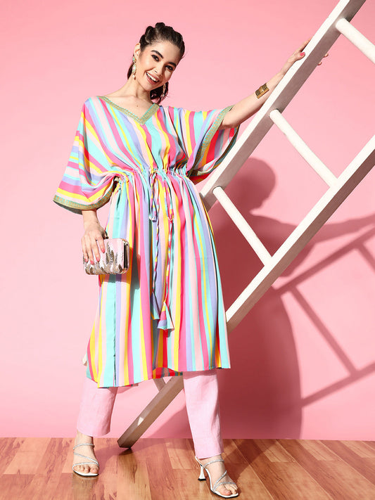 Ahalyaa Women Striped Flared Sleeves Crepe Kaftan Kurta