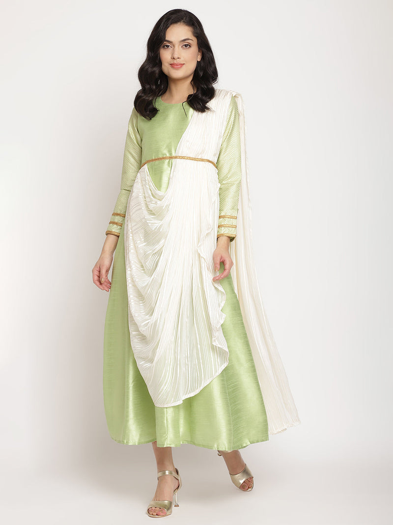 Ahalyaa Women's Green Poly Silk Kurta With Attached Dupatta
