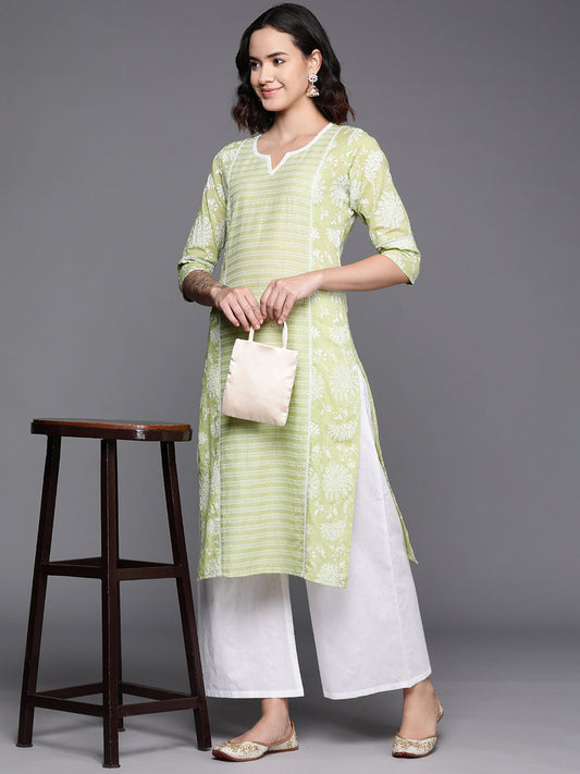 Ahalyaa Floral Printed Panelled Sweetheart Neck Pure Cotton Kurta With Palazzos