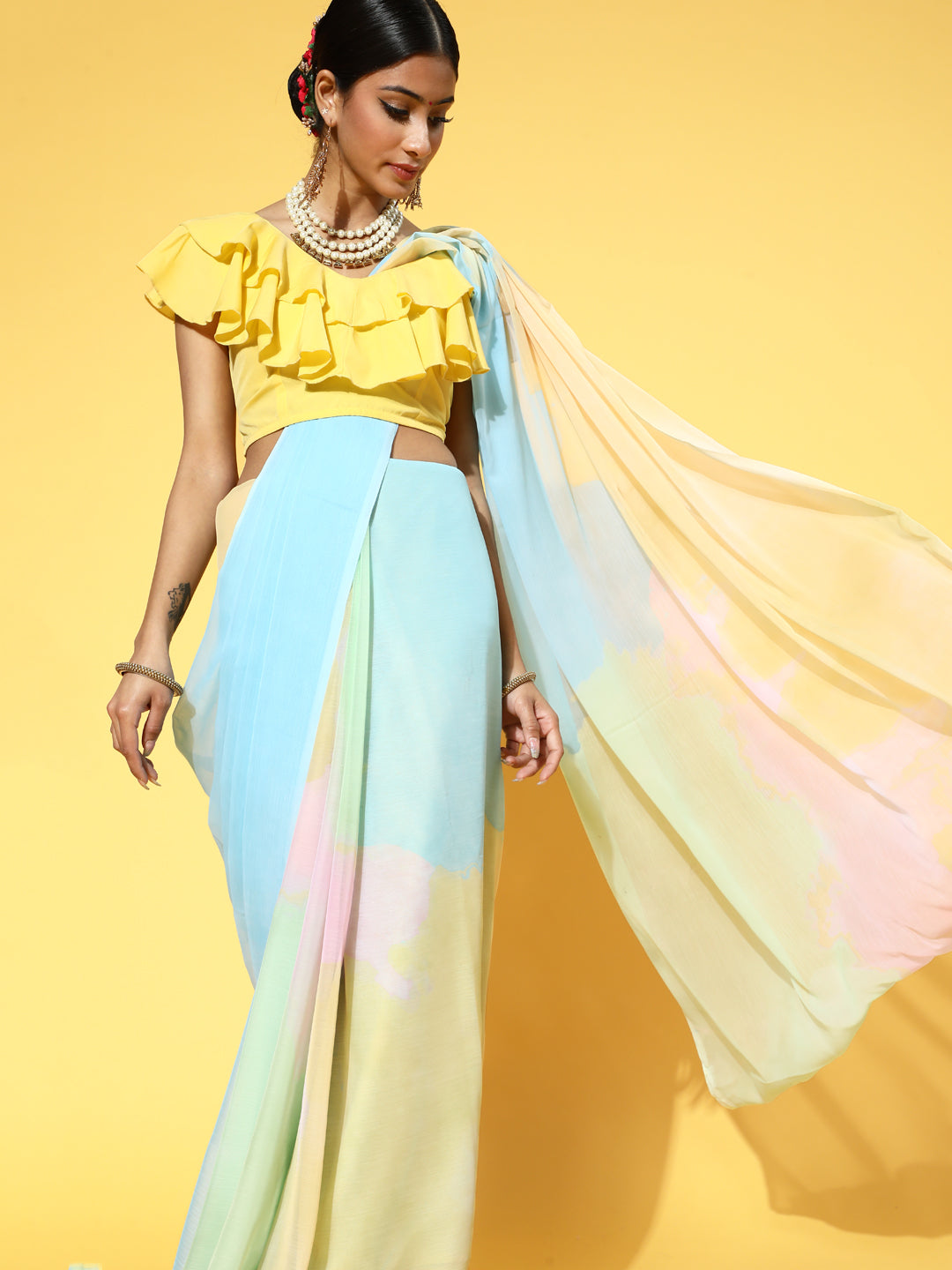 Ahalyaa Women's Turquoise Colour Chiffon Digital Print Saree