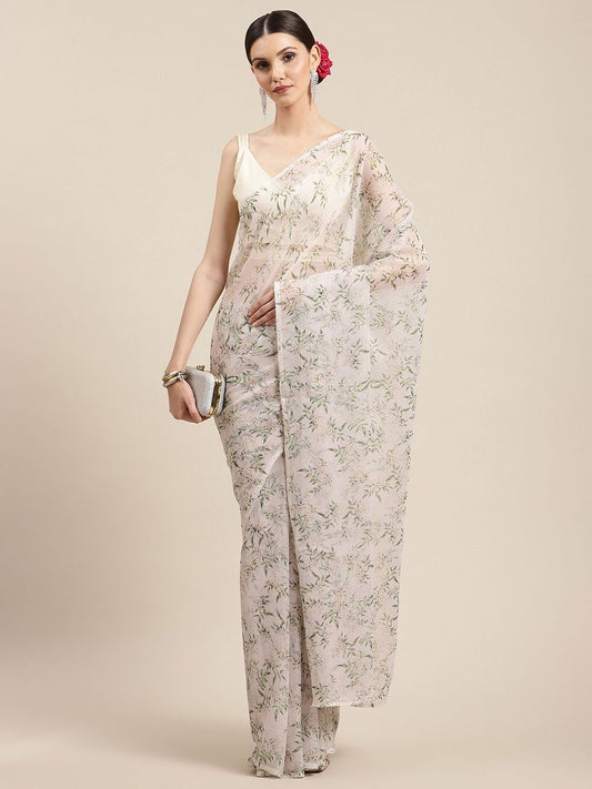 Ahalyaa Women's Off White Chiffon Digital Print Floral Saree