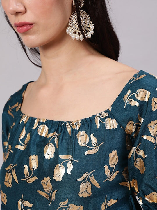 AKS Floral Printed Square Neck Anarkali Kurta