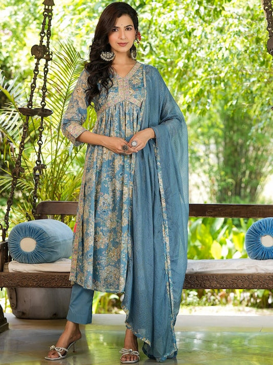 Yufta Floral Printed Empire Thread Work Pure Cotton Kurta With Trousers & Dupatta - XXL