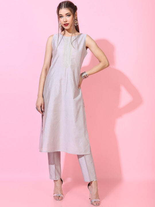 Vishudh Women Yellow & Grey Ethnic Motifs Kurta with Trouser and Jacket