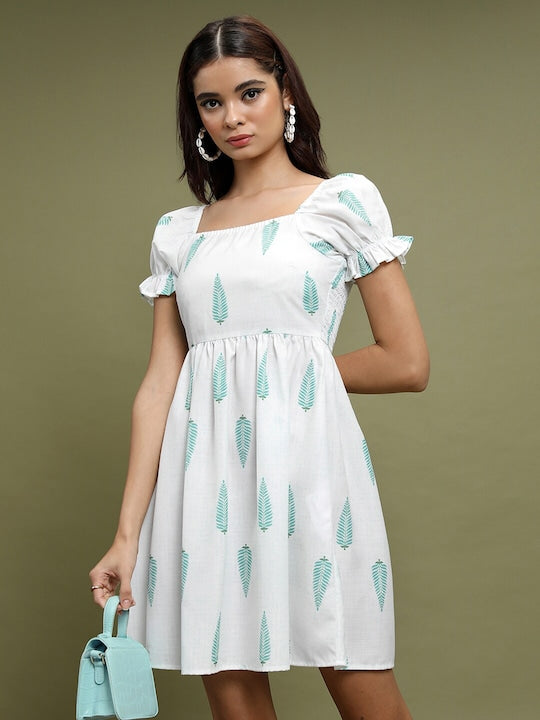 Vishudh White Conversational Printed Puff Sleeve Fit & Flare Dress