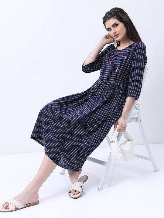 Vishudh Navy Blue Striped Cotton Fit & Flare Midi Dress