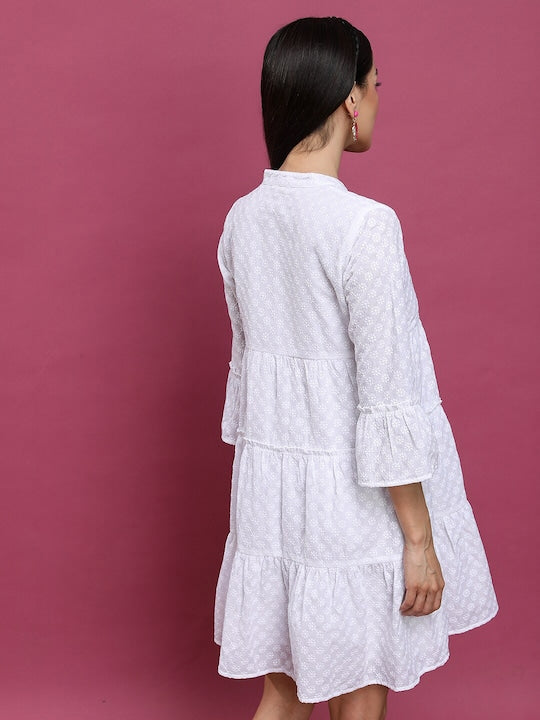 Vishudh Floral Embroidered Mandarin Collar Bell Sleeve A-Line Above Knee Dress