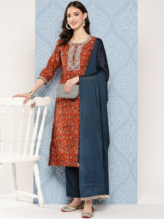 Yufta Ethnic Motifs Embroidered Regular Sequinned Kurta with Trousers & Dupatta