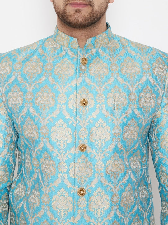 Vastramay Men Sea Green & Gold-Coloured Slim Fit Brocade Woven Design Sherwani Set
