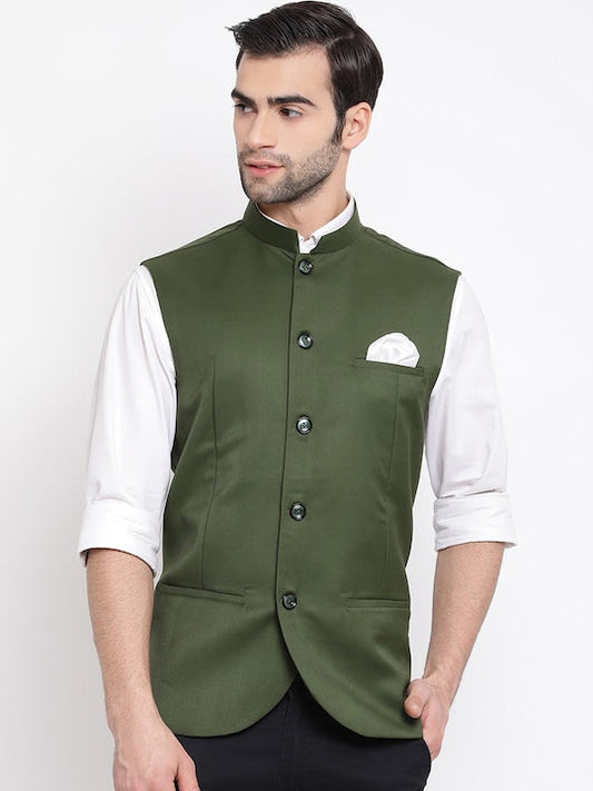 Vastramay Men Green Solid Slim Fit Woven Nehru Jacket - XL