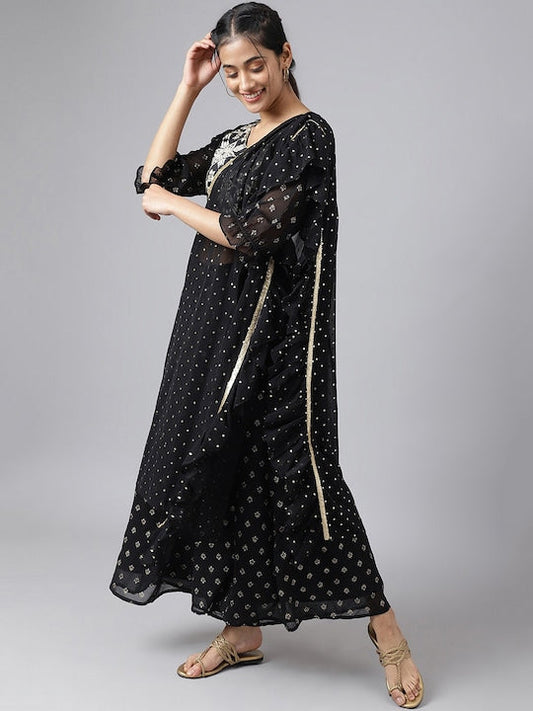 Aurelia Women Black Ethnic Motifs Printed Top with Palazzos & Dupatta