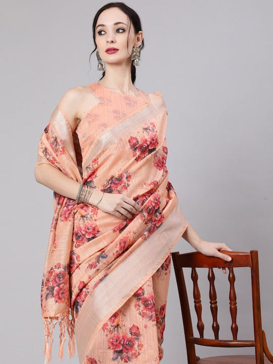 AKS Floral Printed Zari Silk Blend Saree