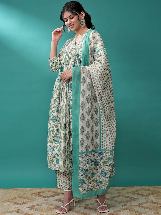 Vishudh Ethnic Motifs Printed Empire Anarkali Kurta with Trousers & With Dupatta