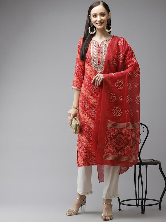 Yufta Women Red Bandhani Printed Regular Gotta Patti Kurta with Palazzos & With Dupatta