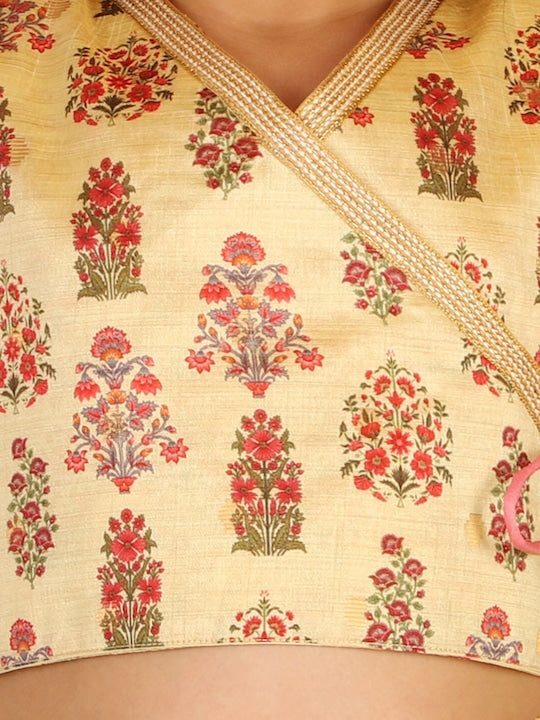 Vastramay Girls Yellow & Pink Printed Angrakha Style Ready to Wear Lehenga Set