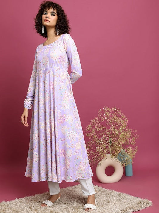 Vishudh Lavender Ethnic Motifs Printed Round Neck Long Sleeve Anarkali Kurta