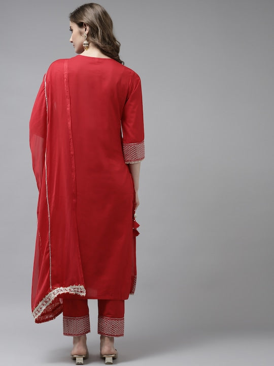 Yufta Women Red Ethnic Motifs Yoke Design Sequinned Cotton Kurta with Trousers & Dupatta