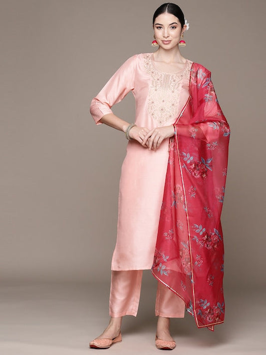 Anubhutee Ethnic Motifs Zari Embroidered Regular Kurta With Trousers & Dupatta