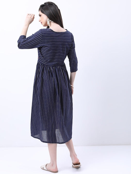 Vishudh Navy Blue Striped Cotton Fit & Flare Midi Dress