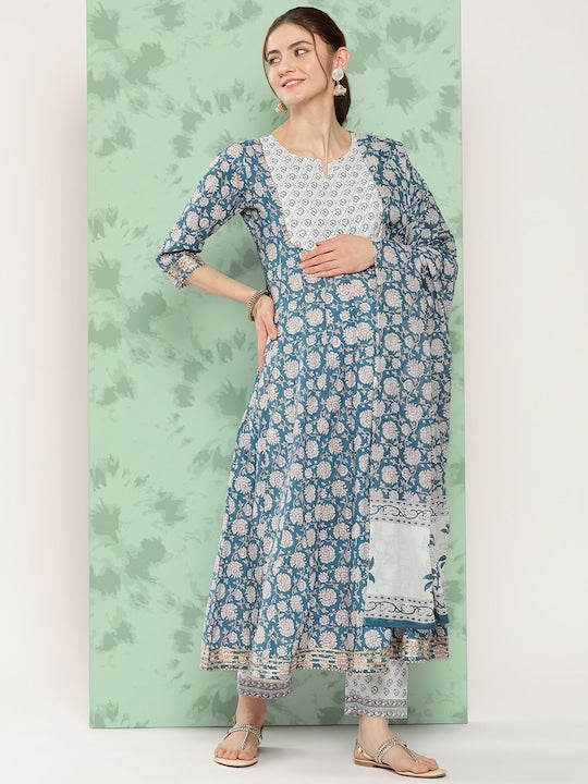 Yufta Ethnic Motifs Printed Gotta Patti Pure Cotton Kurta With Trousers & With Dupatta