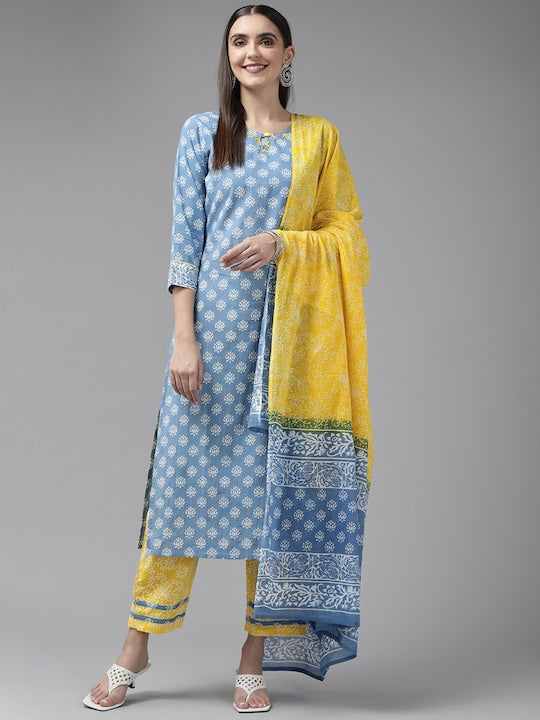 Yufta Women Blue & Yellow Ethnic Motifs Printed Kurta with Trousers & Dupatta