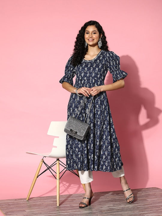 Yufta Ethnic Motifs Printed Flared Sleeves Cotton Kurta